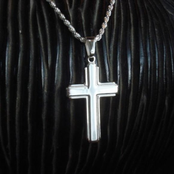 SOLID Sterling Silver Cross Pendant Necklace with Rope Chain Stamped 925 Italy - Picture 3 of 6